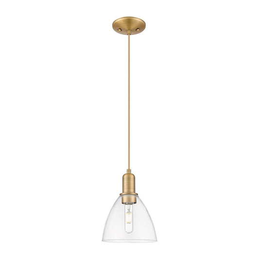 Innovations Bristol 7.5in 1-Light Mini Pendant | Industrial Brushed Brass Steel and Clear Glass | Kitchen Island & Dining Room | Model 716-1P-BB-GBD-752
