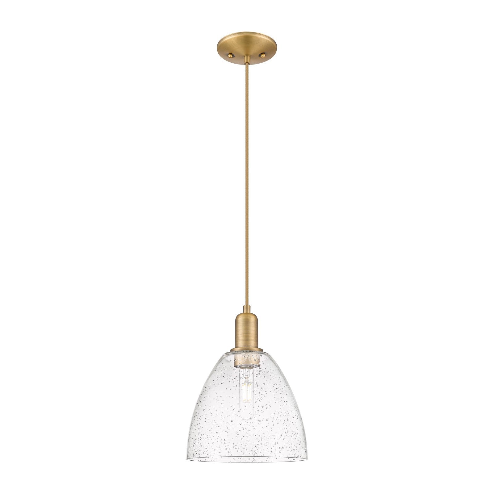 Innovations Bristol 9in 1-Light Mini Pendant | Industrial Brushed Brass Steel and Seedy Glass Dome | Kitchen Island & Dining Room | Model 716-1P-BB-GBD-94