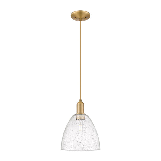 Innovations Bristol 9in 1-Light Mini Pendant | Industrial Brushed Brass Steel and Seedy Glass Dome | Kitchen Island & Dining Room | Model 716-1P-BB-GBD-94