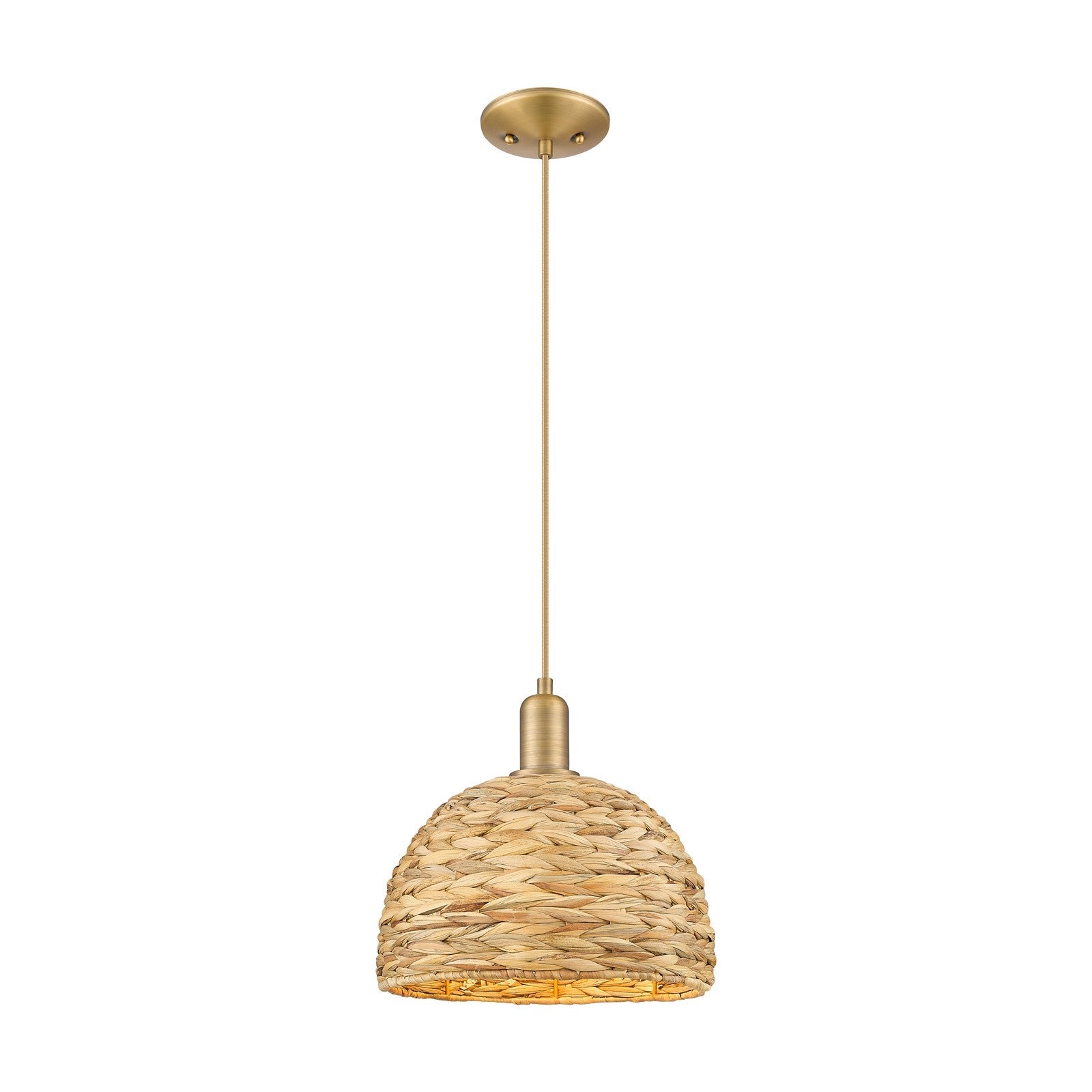 Innovations Woven Rattan 12in 1-Light Mini Pendant | Industrial Brushed Brass and Natural Rattan | Kitchen Island & Dining | Model 716-1P-BB-RBD-12-NAT