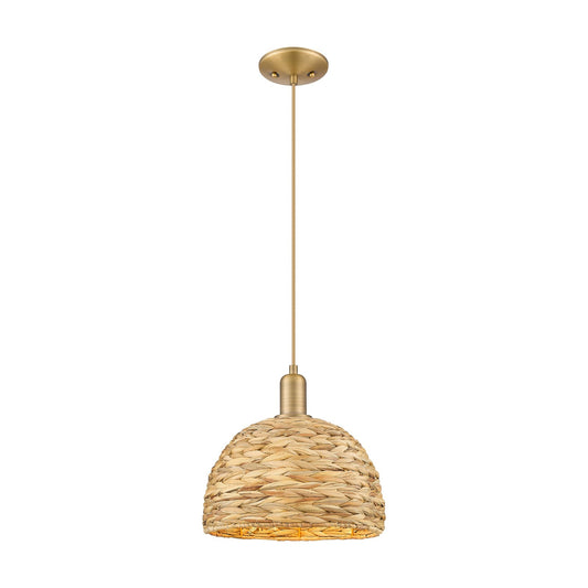 Innovations Woven Rattan 12in 1-Light Mini Pendant | Industrial Brushed Brass and Natural Rattan | Kitchen Island & Dining | Model 716-1P-BB-RBD-12-NAT