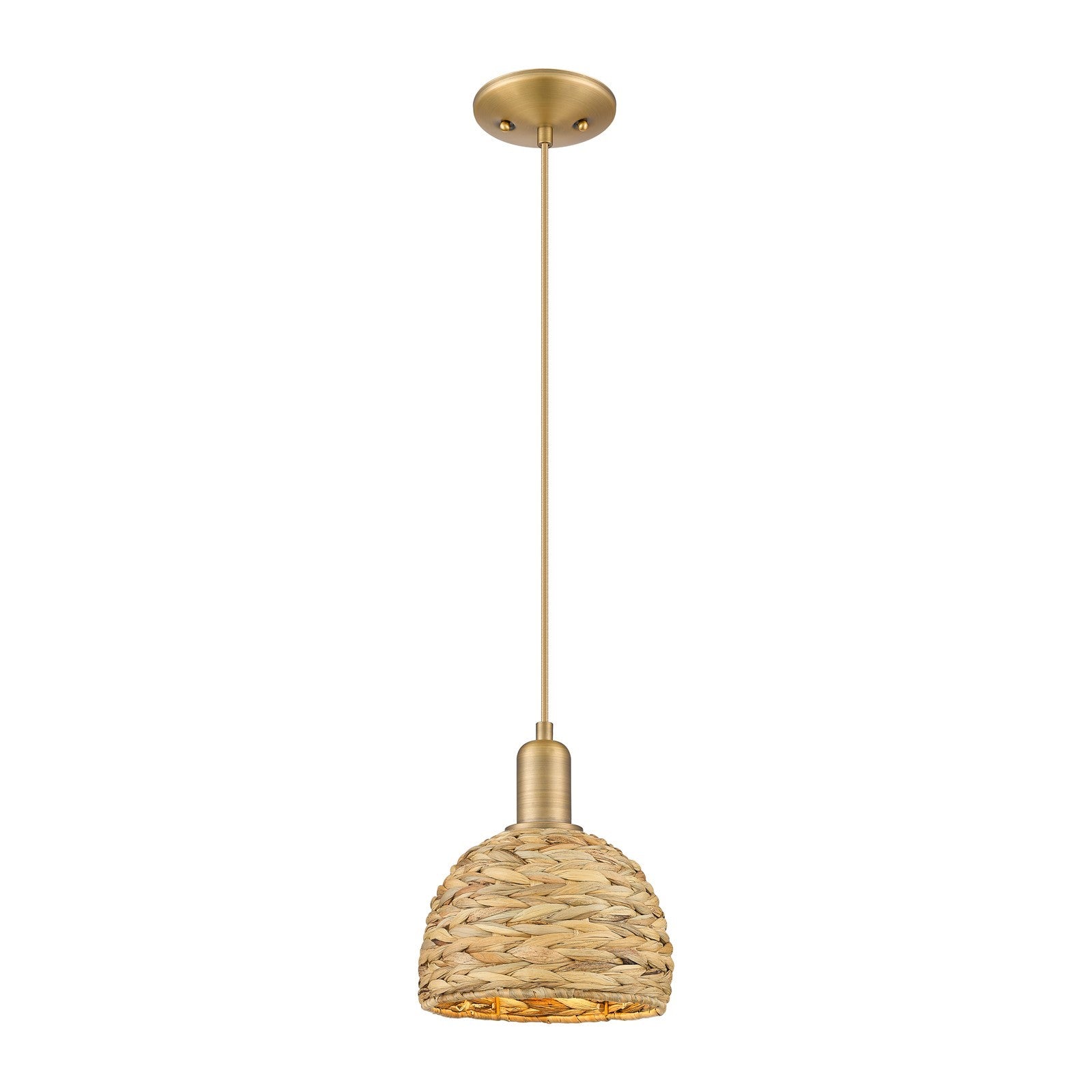 Innovations Arcadia 8in 1-Light Mini Pendant | Rustic Farmhouse Brushed Brass and Natural Woven Rattan | Kitchen Island & | Model 716-1P-BB-RBD-8-NAT