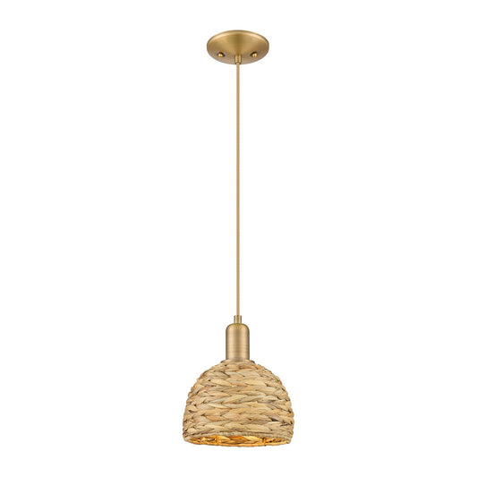Innovations Arcadia 8in 1-Light Mini Pendant | Rustic Farmhouse Brushed Brass and Natural Woven Rattan | Kitchen Island & | Model 716-1P-BB-RBD-8-NAT