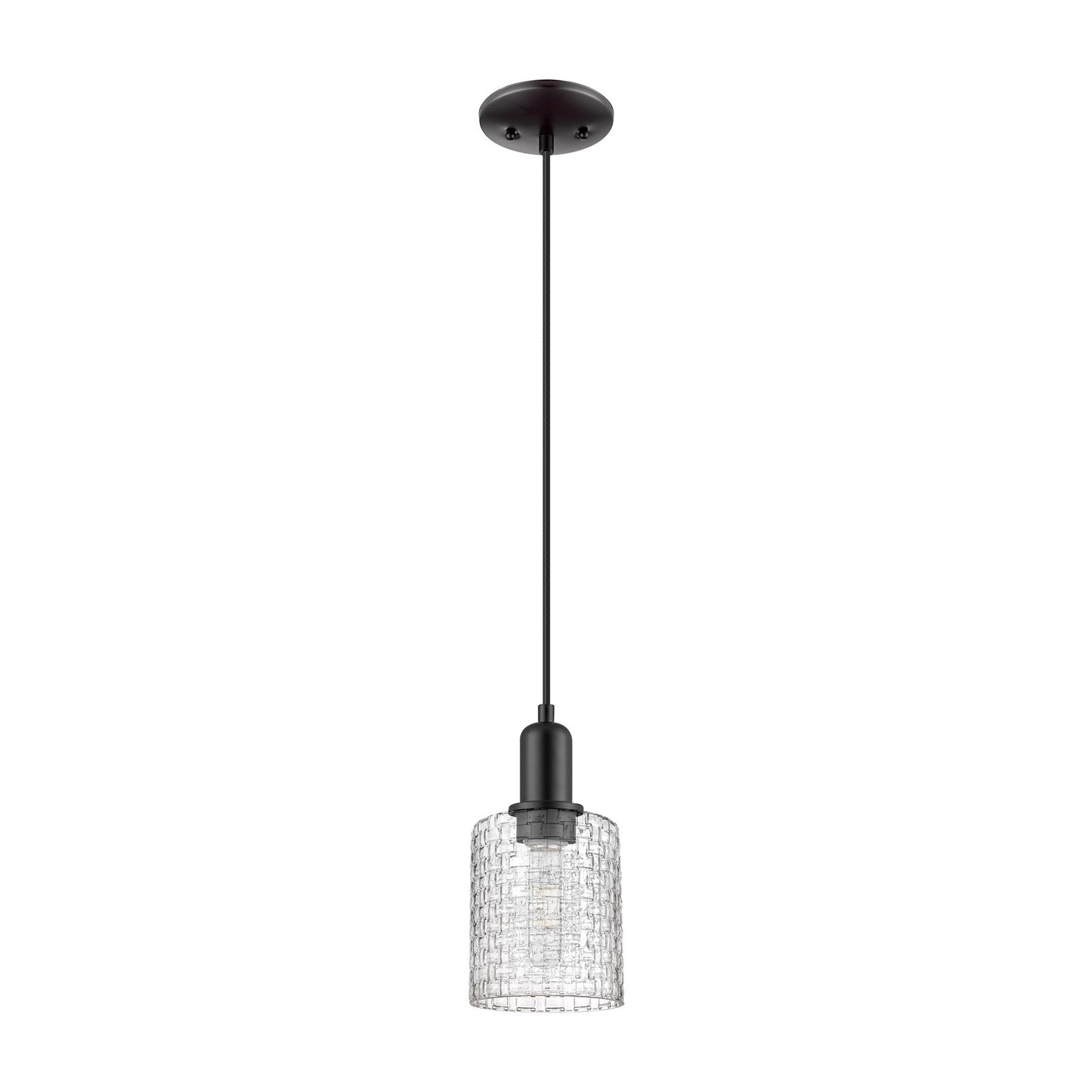 Innovations Cobbleskill 5in 1-Light Mini Pendant | Industrial Matte Black Steel and Clear Basket Weave Glass | Kitchen Island | Model 716-1P-BK-G112C-5CL