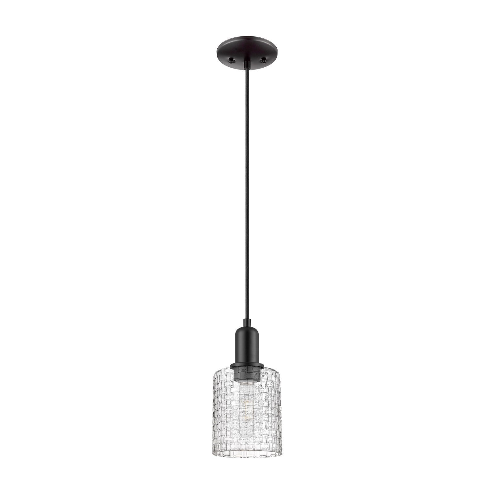 Innovations Cobbleskill 5in 1-Light Mini Pendant | Industrial Matte Black Steel and Clear Basket Weave Glass | Kitchen Island | Model 716-1P-BK-G112C-5CL