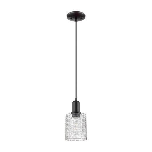 Innovations Cobbleskill 5in 1-Light Mini Pendant | Industrial Matte Black Steel and Clear Basket Weave Glass | Kitchen Island | Model 716-1P-BK-G112C-5CL