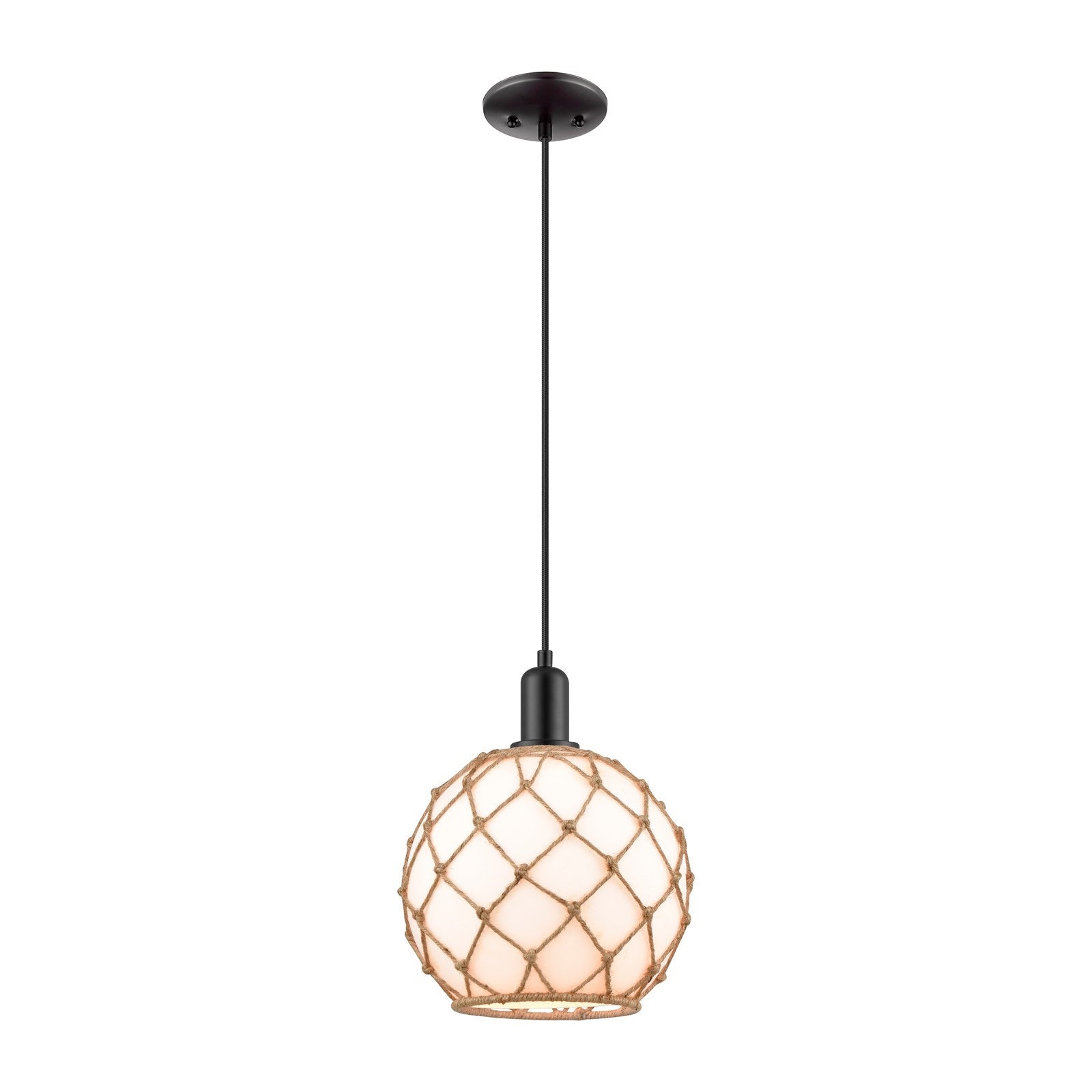 Innovations Farmhouse Rope 10in 1-Light Mini Pendant | Industrial Matte Black Steel and Matte White Glass with Rope | Kitchen | Model 716-1P-BK-G121-10RB