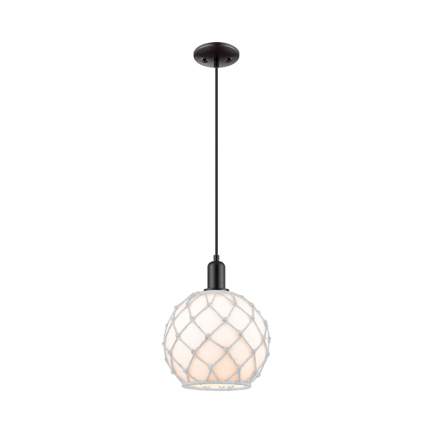 Innovations Farmhouse Rope 10in 1-Light Mini Pendant | Industrial Matte Black Steel and White Glass with Rope | Kitchen Island | Model 716-1P-BK-G121-10RW