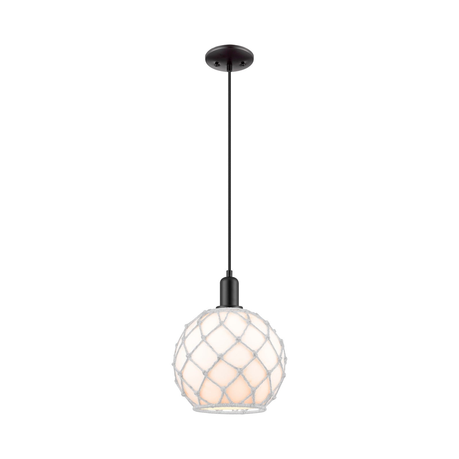 Innovations Farmhouse Rope 10in 1-Light Mini Pendant | Industrial Matte Black Steel and White Glass with Rope | Kitchen Island | Model 716-1P-BK-G121-10RW
