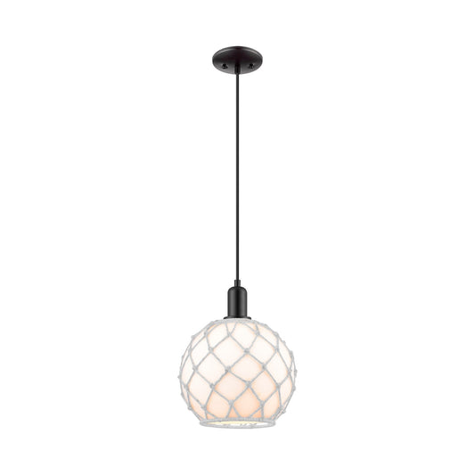 Innovations Farmhouse Rope 10in 1-Light Mini Pendant | Industrial Matte Black Steel and White Glass with Rope | Kitchen Island | Model 716-1P-BK-G121-10RW