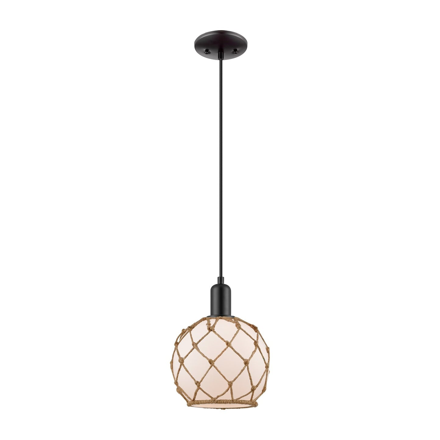 Innovations Farmhouse Rope 8in 1-Light Mini Pendant | Industrial Matte Black Steel and White Frosted Glass with Brown Rope | Model 716-1P-BK-G121-8RB