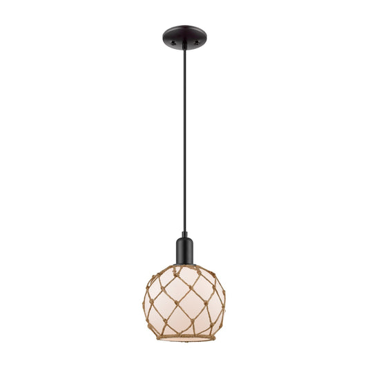 Innovations Farmhouse Rope 8in 1-Light Mini Pendant | Industrial Matte Black Steel and White Frosted Glass with Brown Rope | Model 716-1P-BK-G121-8RB