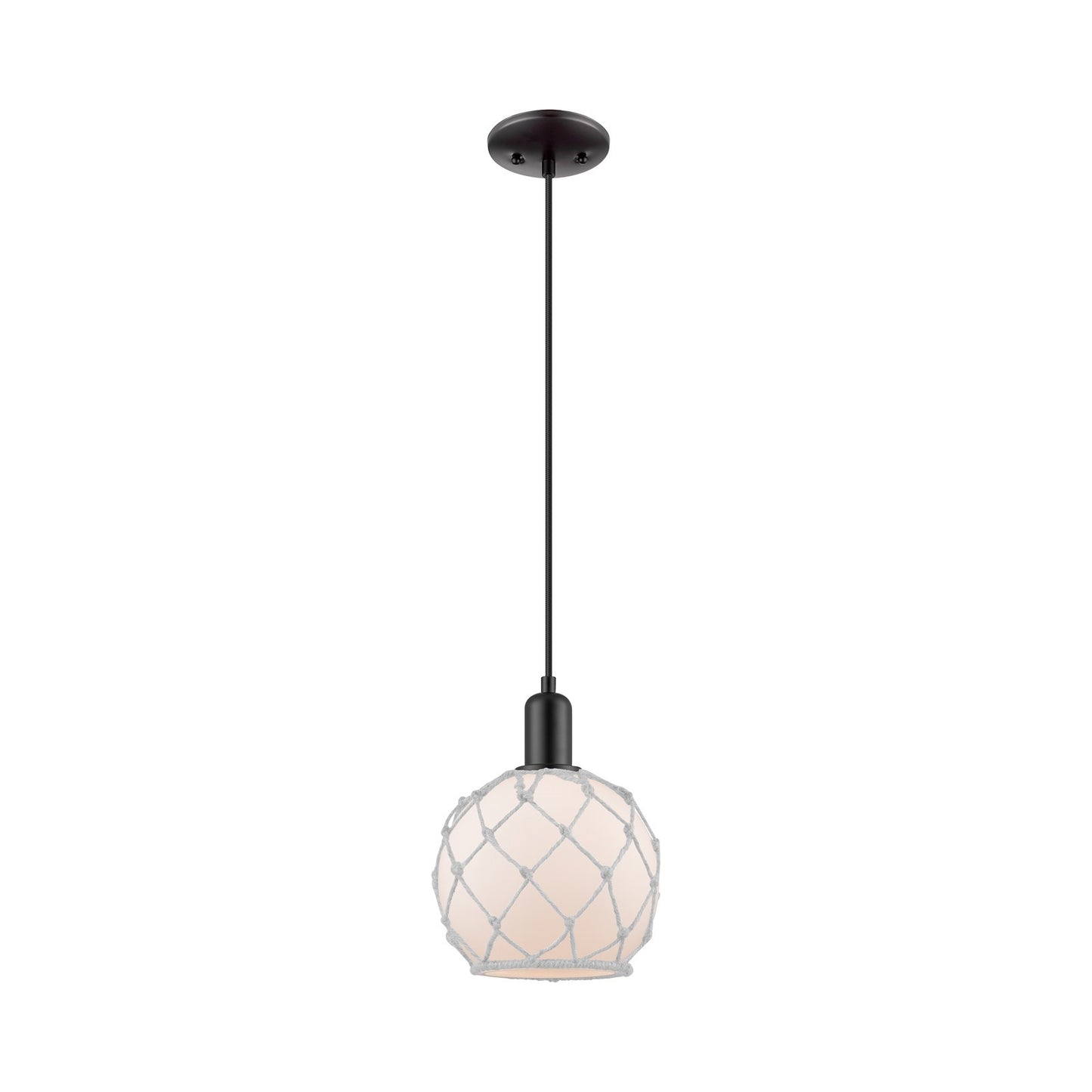 Innovations Farmhouse Rope 8in 1-Light Mini Pendant | Industrial Matte Black Steel and White Frosted Glass with Rope | Kitchen | Model 716-1P-BK-G121-8RW