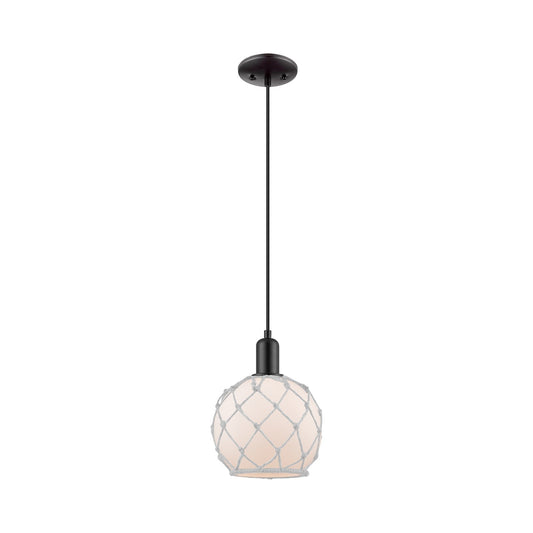 Innovations Farmhouse Rope 8in 1-Light Mini Pendant | Industrial Matte Black Steel and White Frosted Glass with Rope | Kitchen | Model 716-1P-BK-G121-8RW