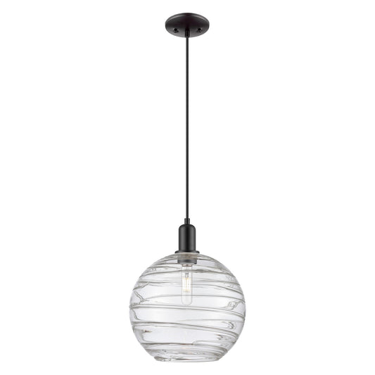 Innovations Athens Deco Swirl 12in 1-Light Mini Pendant | Industrial Matte Black Steel and Clear Deco Swirl Glass | Kitchen | Model 716-1P-BK-G1213-12CL