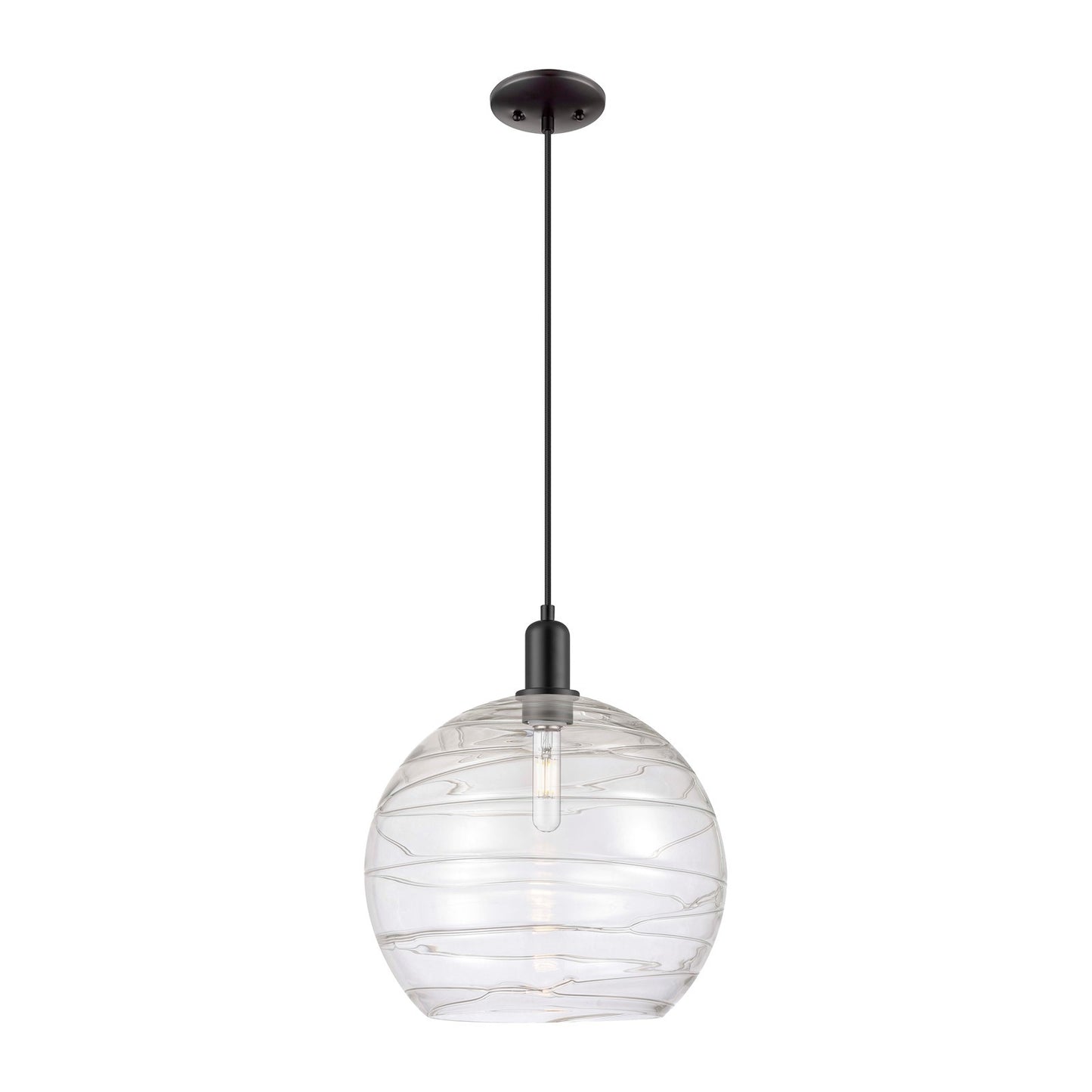 Innovations Athens Deco Swirl 14in 1-Light Mini Pendant | Industrial Matte Black Steel and Clear Deco Swirl Glass | Kitchen | Model 716-1P-BK-G1213-14CL