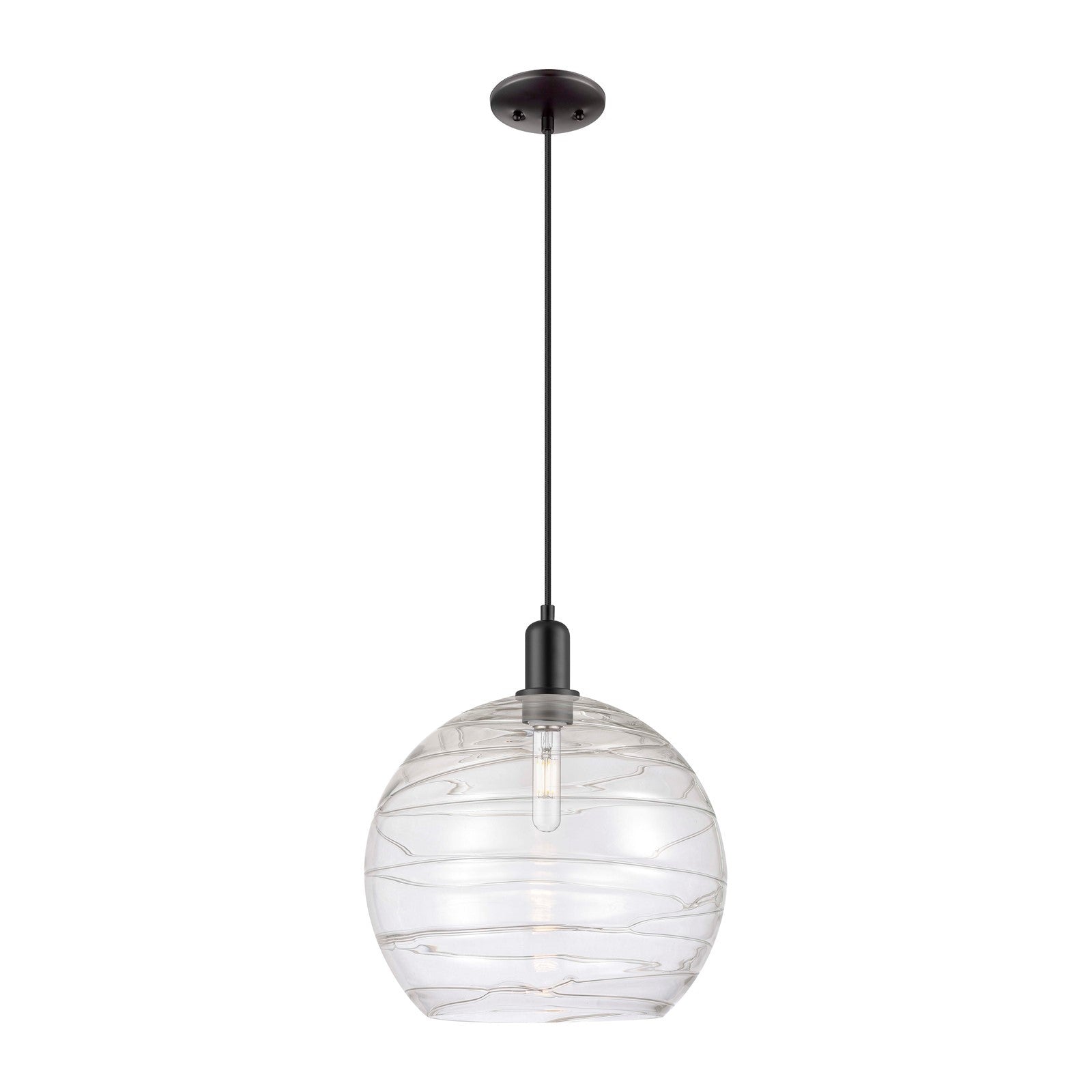 Innovations Athens Deco Swirl 14in 1-Light Mini Pendant | Industrial Matte Black Steel and Clear Deco Swirl Glass | Kitchen | Model 716-1P-BK-G1213-14CL
