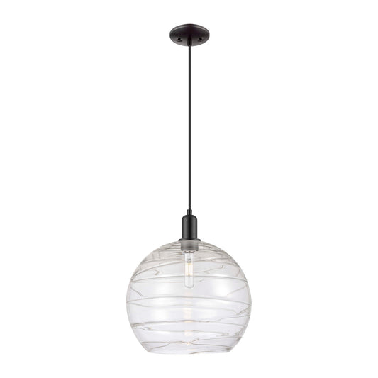 Innovations Athens Deco Swirl 14in 1-Light Mini Pendant | Industrial Matte Black Steel and Clear Deco Swirl Glass | Kitchen | Model 716-1P-BK-G1213-14CL