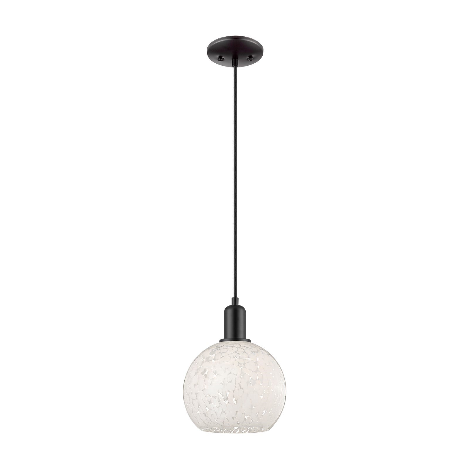 Innovations White Mouchette 8in 1-Light Mini Pendant | Industrial Matte Black Steel and White Mouchette Glass | Kitchen Island | Model 716-1P-BK-G1216-8WM