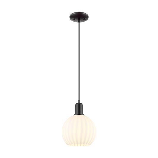 Innovations Arcadia 8in 1-Light Mini Pendant | Industrial Matte Black Steel and White Venetian Glass | Kitchen Island & Dining | Model 716-1P-BK-G1217-8WV