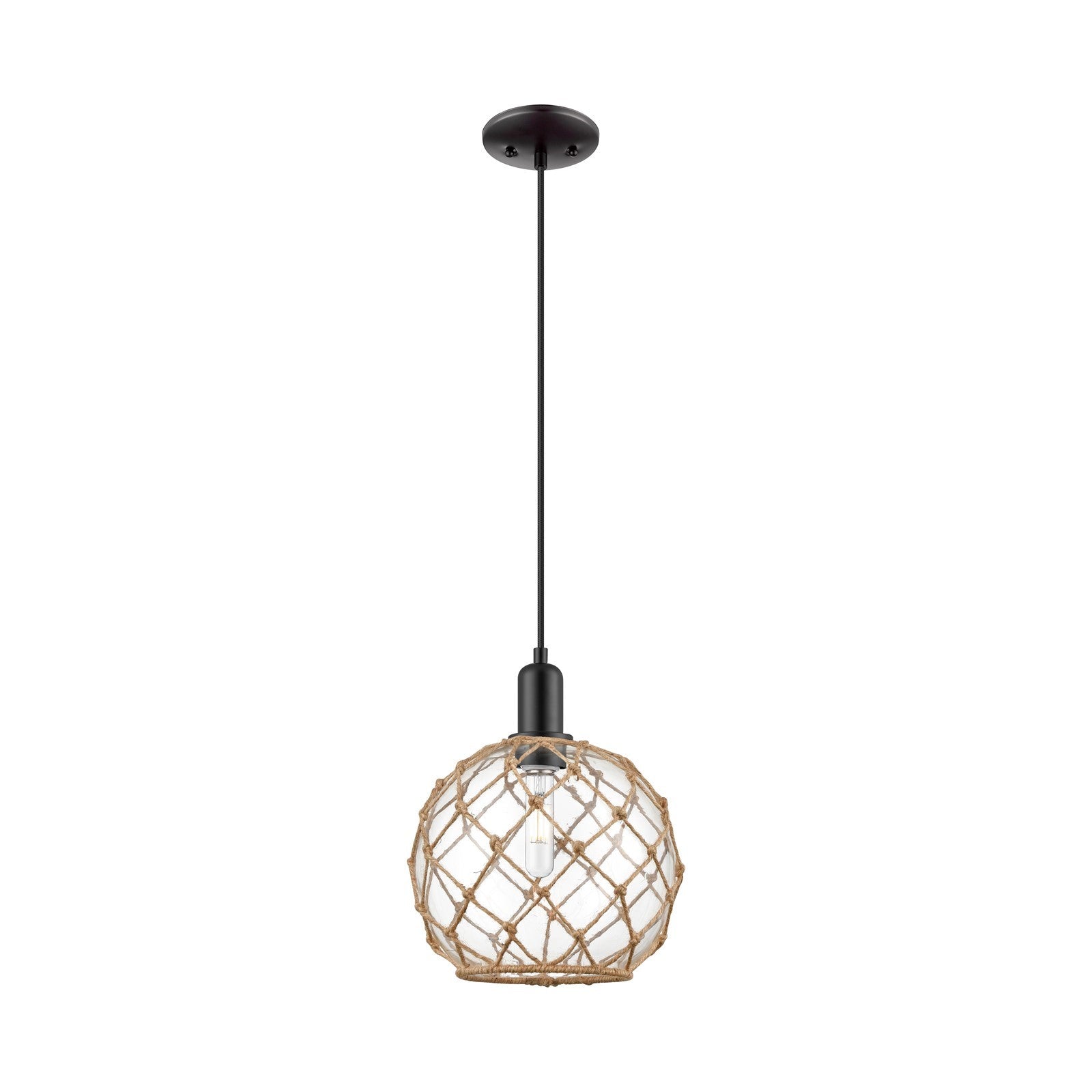 Innovations Farmhouse Rope 10in 1-Light Mini Pendant | Industrial Matte Black Steel and Clear Glass with Brown Rope | Kitchen | Model 716-1P-BK-G122-10RB