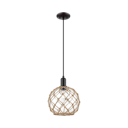 Innovations Farmhouse Rope 10in 1-Light Mini Pendant | Industrial Matte Black Steel and Clear Glass with Brown Rope | Kitchen | Model 716-1P-BK-G122-10RB