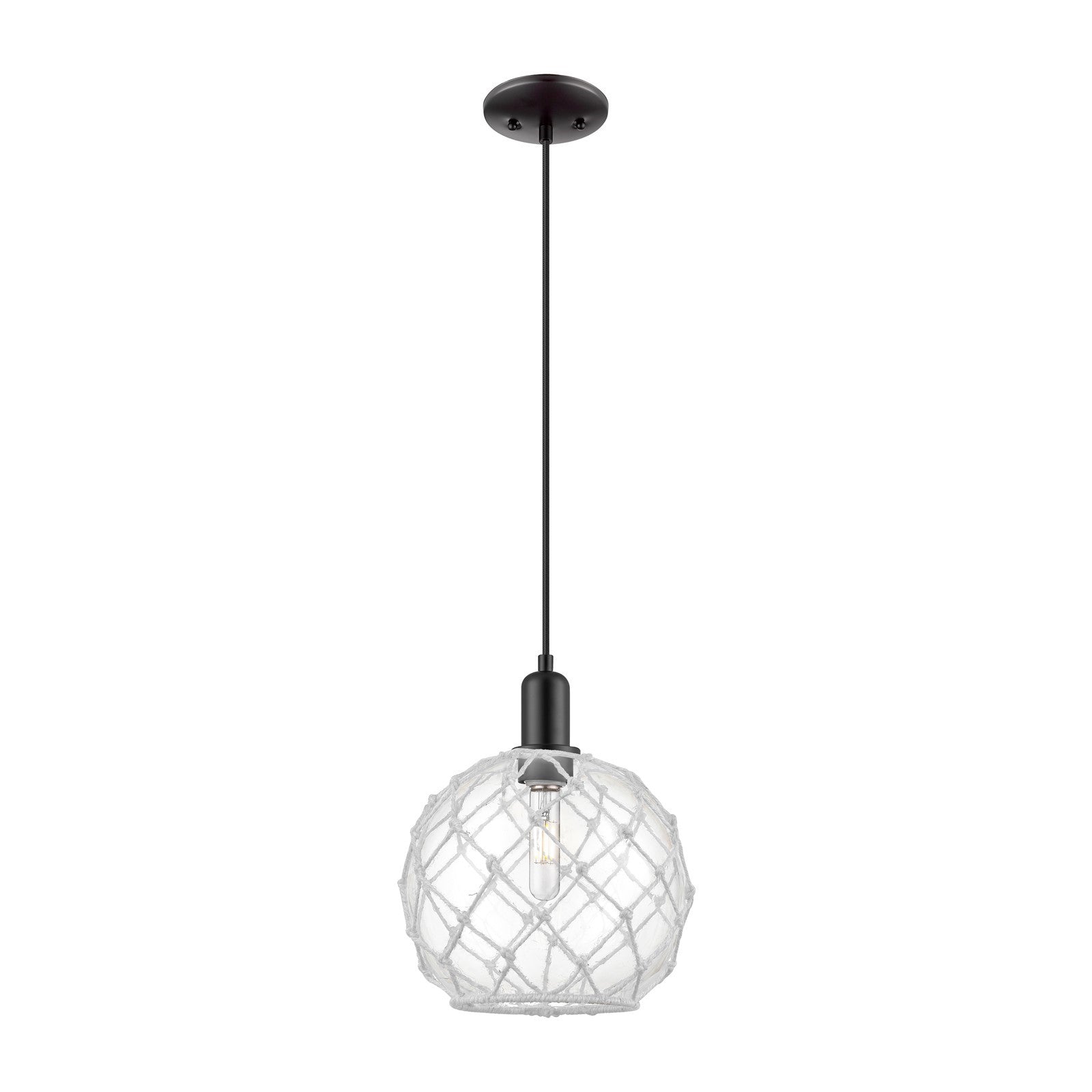 Innovations Farmhouse Rope 10in 1-Light Mini Pendant | Industrial Matte Black Steel and Clear Glass with White Rope | Kitchen | Model 716-1P-BK-G122-10RW