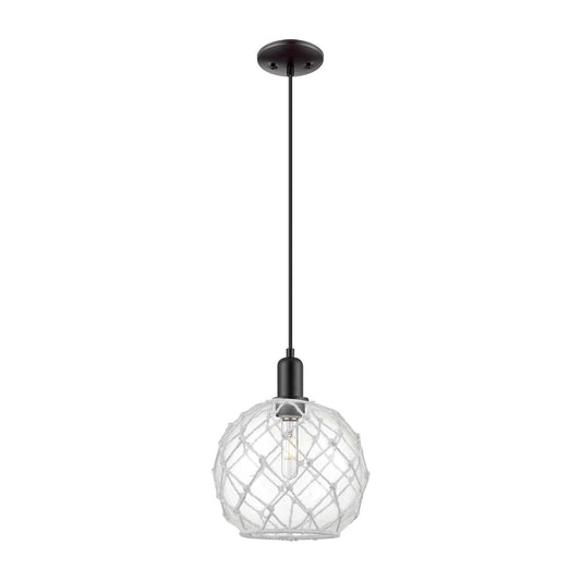 Innovations Farmhouse Rope 10in 1-Light Mini Pendant | Industrial Matte Black Steel and Clear Glass with White Rope | Kitchen | Model 716-1P-BK-G122-10RW