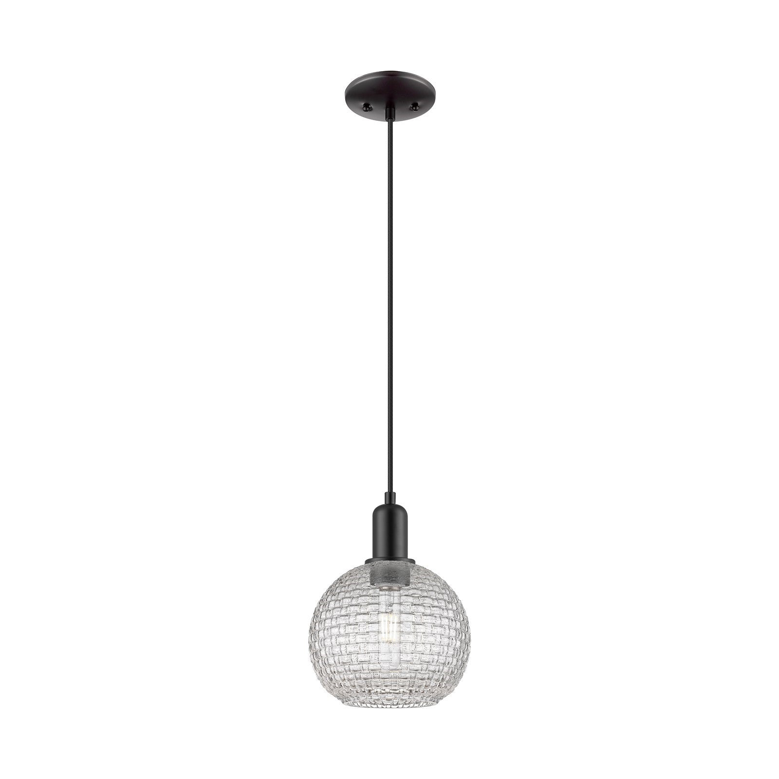 Innovations Athens 8in 1-Light Mini Pendant | Industrial Matte Black Steel and Clear Basket Weave Glass | Kitchen Island & | Model 716-1P-BK-G122C-8CL