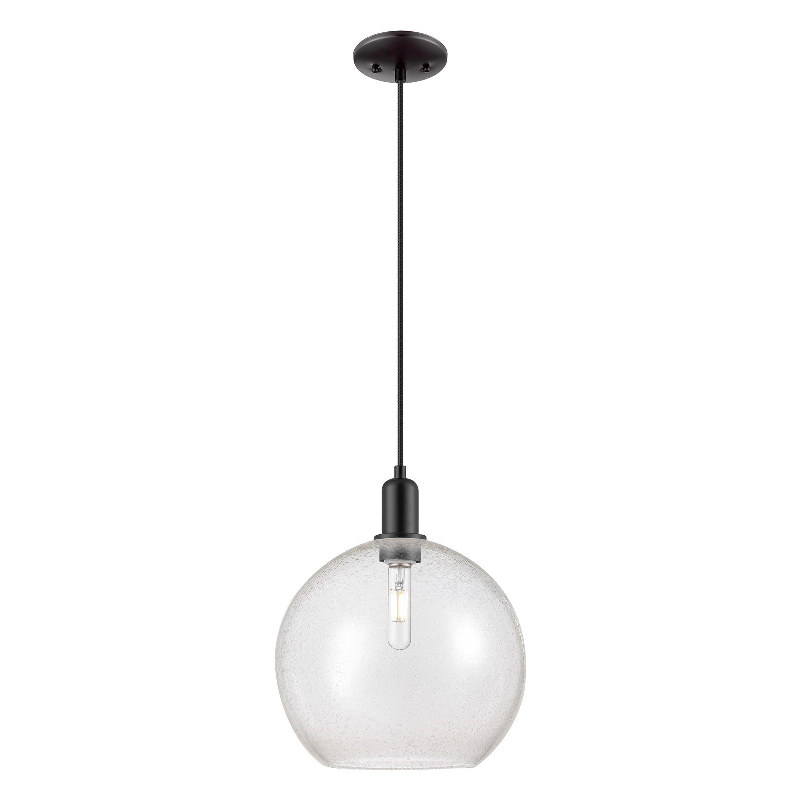 Innovations Athens 12in 1-Light Mini Pendant | Industrial Matte Black Steel and Seedy Glass | Kitchen Island & Dining Room | Model 716-1P-BK-G124-12