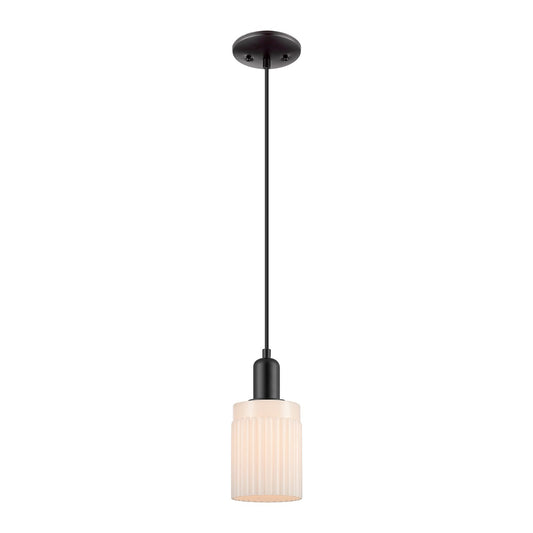 Innovations Hadley 1-Light 4.5in Mini Pendant | Industrial Matte Black Steel and Matte White Ribbed Glass | Kitchen Island & Dining | Model 716-1P-BK-G341
