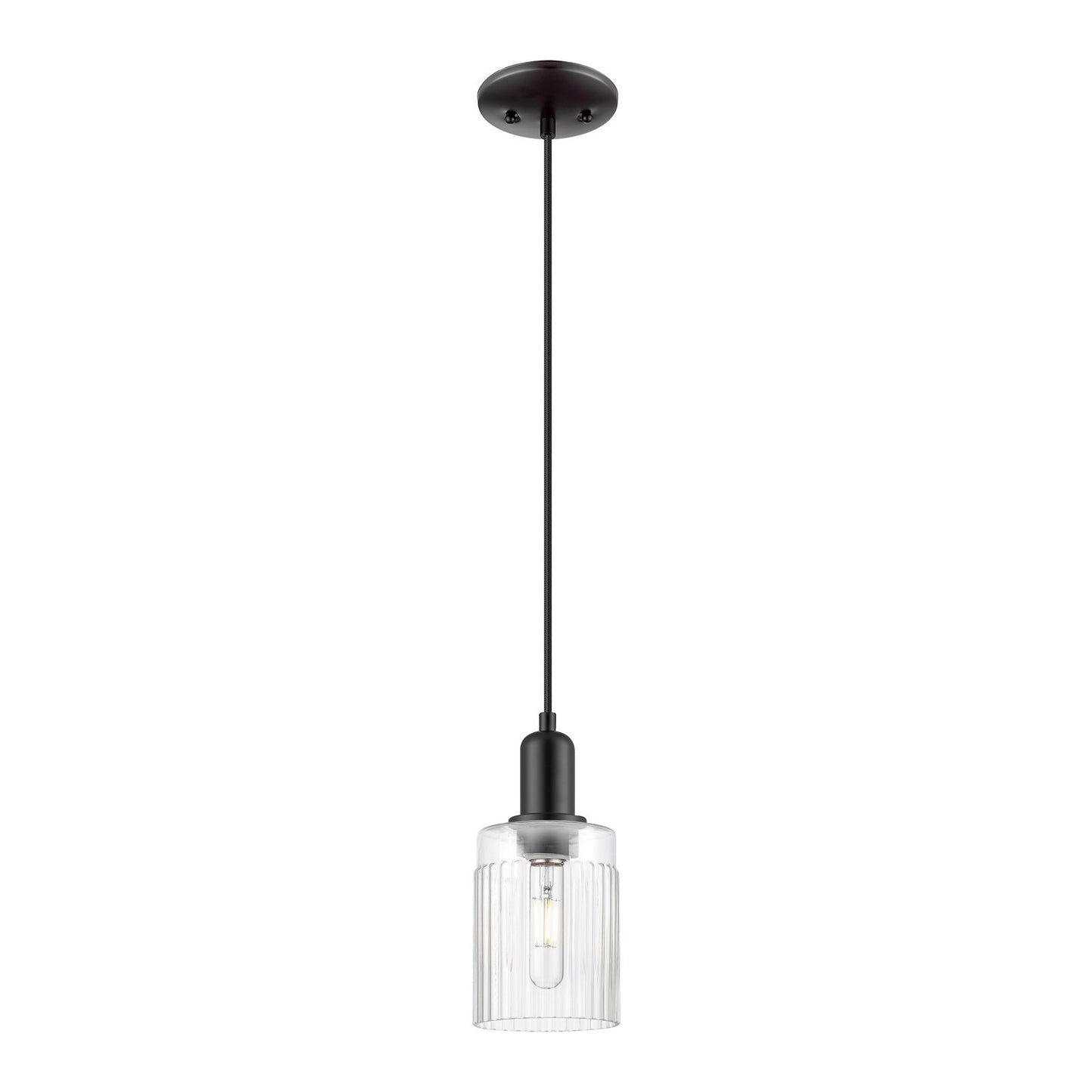 Innovations Hadley 5in 1-Light Mini Pendant | Industrial Matte Black Steel and Clear Ribbed Glass | Kitchen Island & Dining Room | Model 716-1P-BK-G342