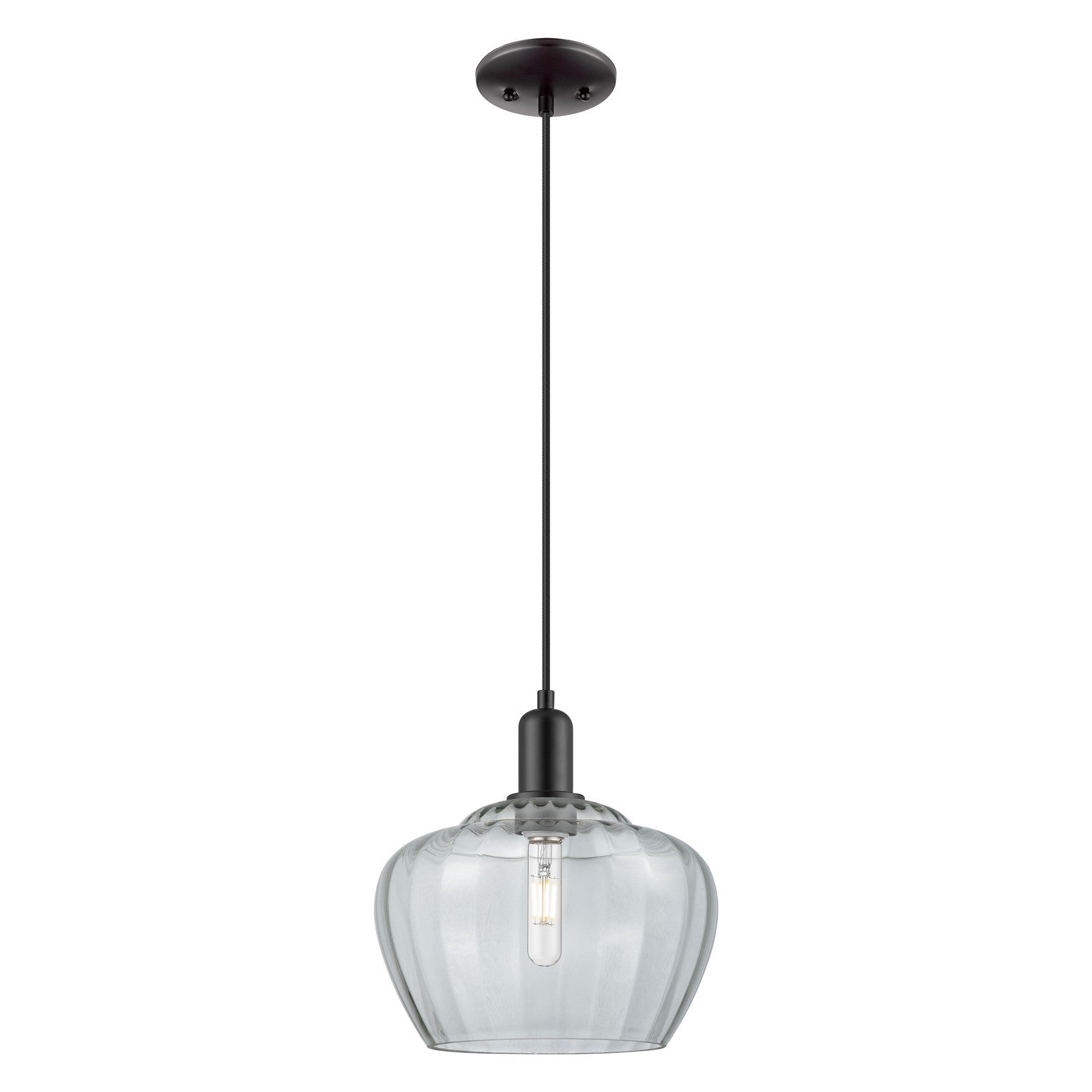 Innovations Fenton 11in 1-Light Mini Pendant | Industrial Matte Black Steel and Clear Ribbed Glass | Kitchen Island & Dining Room | Model 716-1P-BK-G92-L