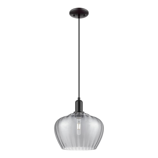 Innovations Fenton 11in 1-Light Mini Pendant | Industrial Matte Black Steel and Light Smoke Ribbed Glass | Kitchen Island & Dining | Model 716-1P-BK-G93-L