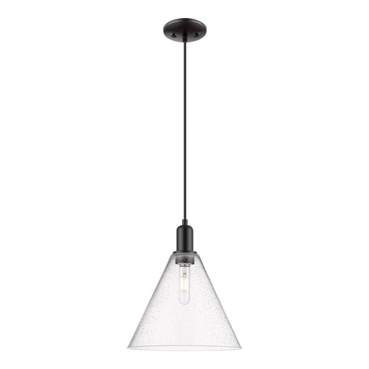 Innovations Berkshire Glass 12in 1-Light Mini Pendant | Industrial Matte Black Steel and Seedy Glass | Kitchen Island & Dining | Model 716-1P-BK-GBC-124