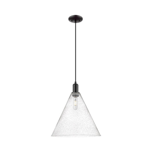Innovations Berkshire Glass 16in 1-Light Mini Pendant | Industrial Matte Black Steel and Seedy Glass | Kitchen Island & Dining | Model 716-1P-BK-GBC-164