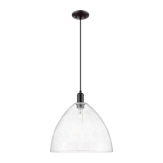 Innovations Bristol 16in 1-Light Mini Pendant | Industrial Matte Black Steel and Seedy Glass | Kitchen Island & Dining Room | 16 | Model 716-1P-BK-GBD-164