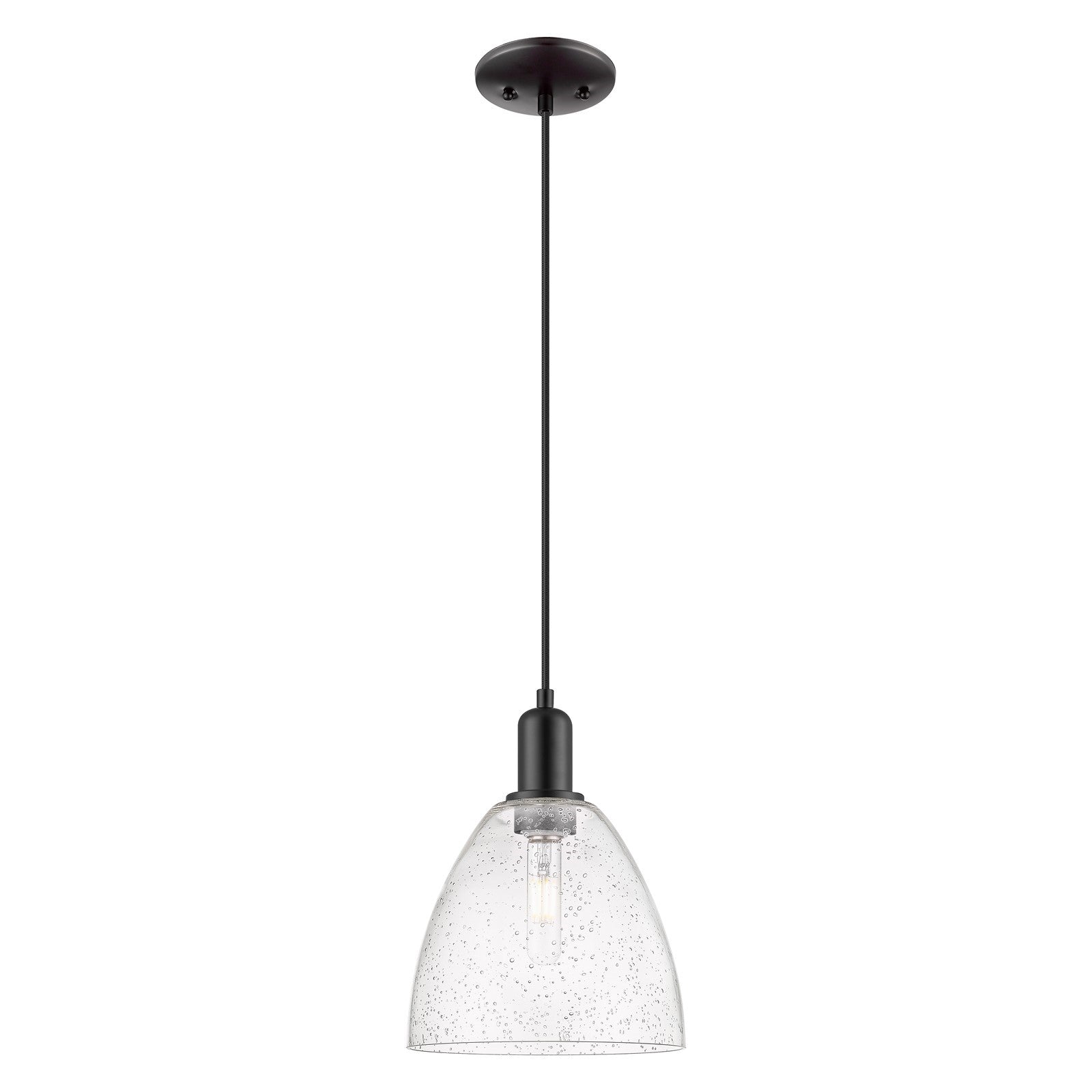 Innovations Bristol 9in 1-Light Mini Pendant | Industrial Matte Black Steel and Seedy Glass | Kitchen Island & Dining Room | 9 x | Model 716-1P-BK-GBD-94