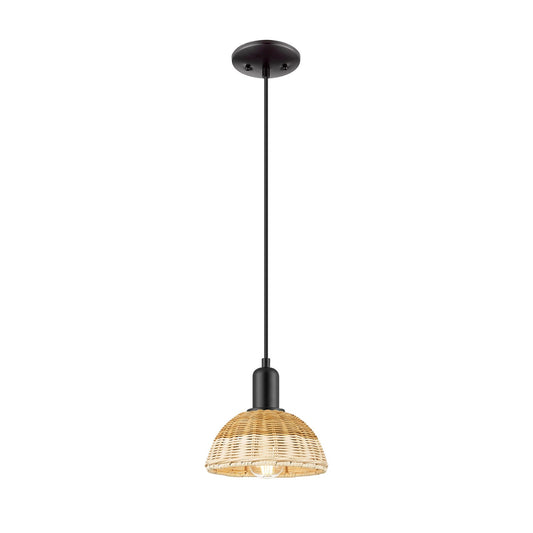 Innovations Natural Ballston Dome 7.5in 1-Light Mini Pendant | Farmhouse Matte Black Steel and Natural Fiber Dome Shade | Model 716-1P-BK-NBD2-75-NAT
