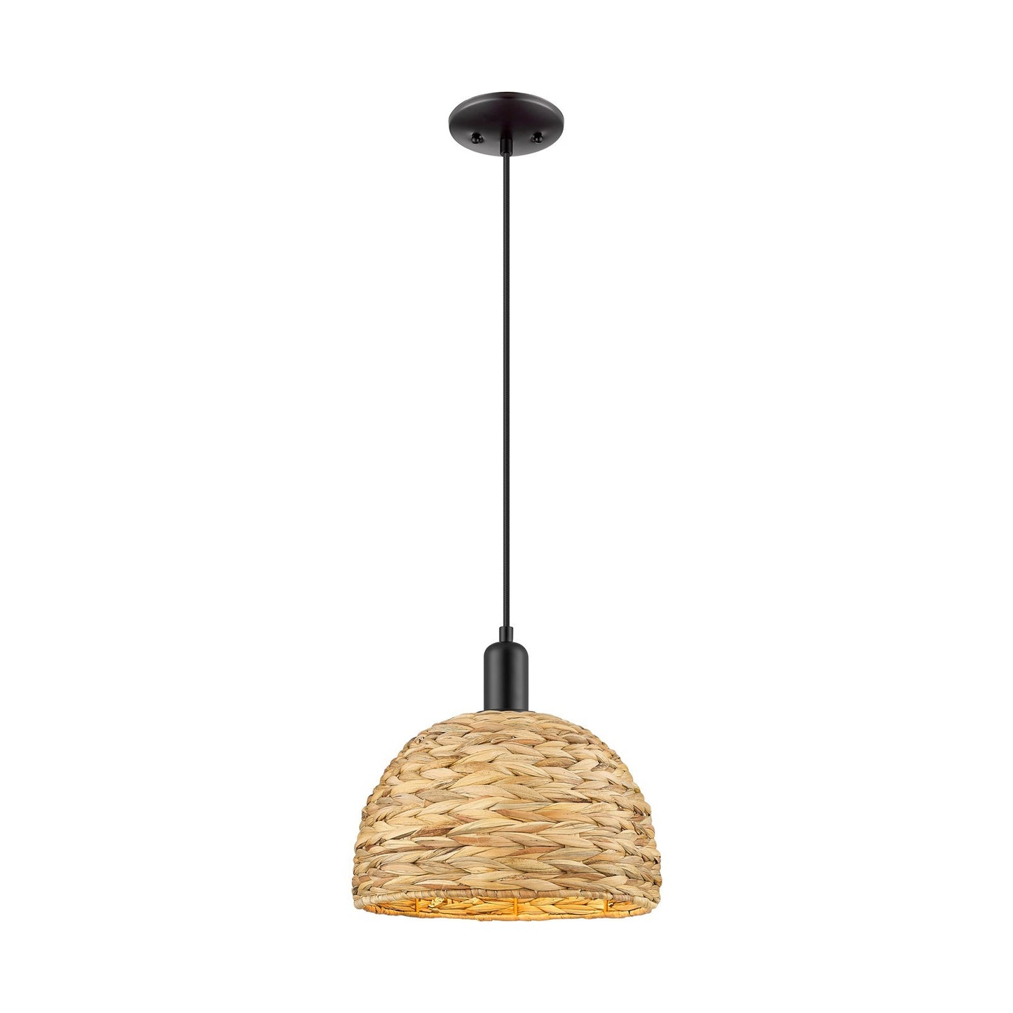Innovations Woven Rattan 12in 1-Light Mini Pendant | Industrial Matte Black Steel and Natural Fiber Dome | Kitchen Island & | Model 716-1P-BK-RBD-12-NAT