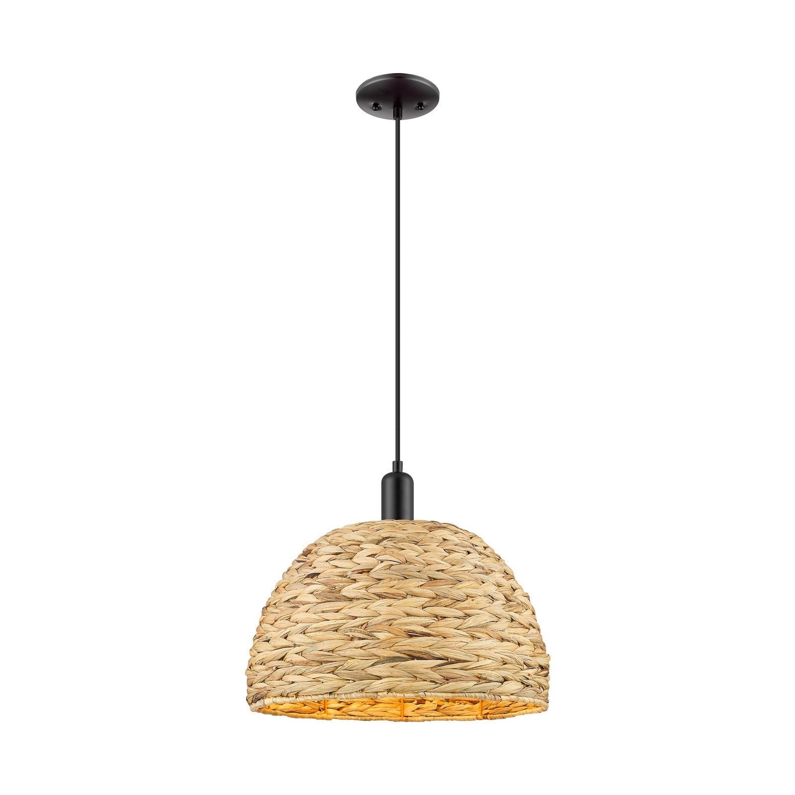 Innovations Woven Rattan 16in 1-Light Mini Pendant | Industrial Matte Black Steel and Natural Fiber Dome Shade | Kitchen | Model 716-1P-BK-RBD-16-NAT