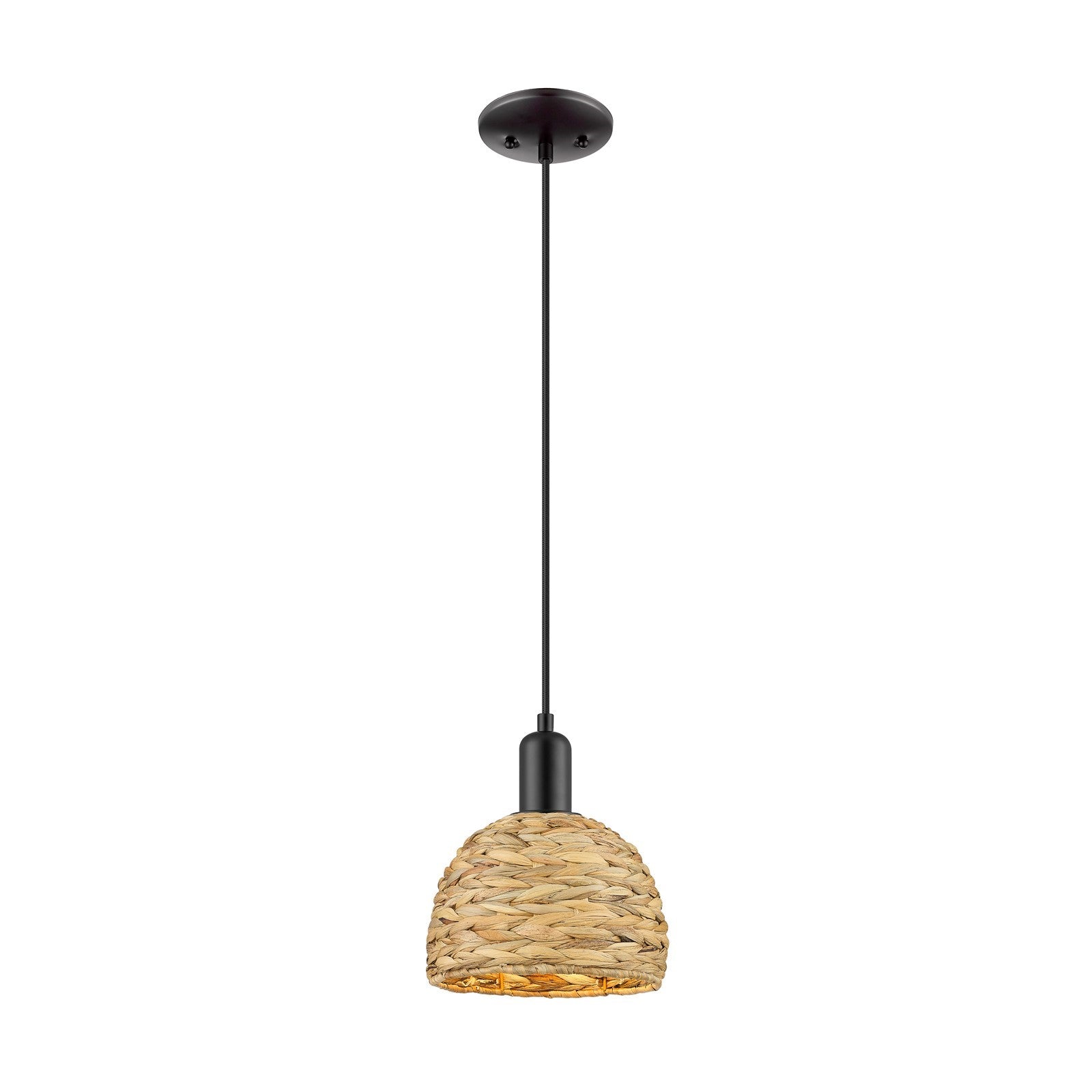 Innovations Arcadia 8in 1-Light Mini Pendant | Rustic Matte Black Steel and Natural Woven Rattan Dome Shade | Kitchen Island & | Model 716-1P-BK-RBD-8-NAT