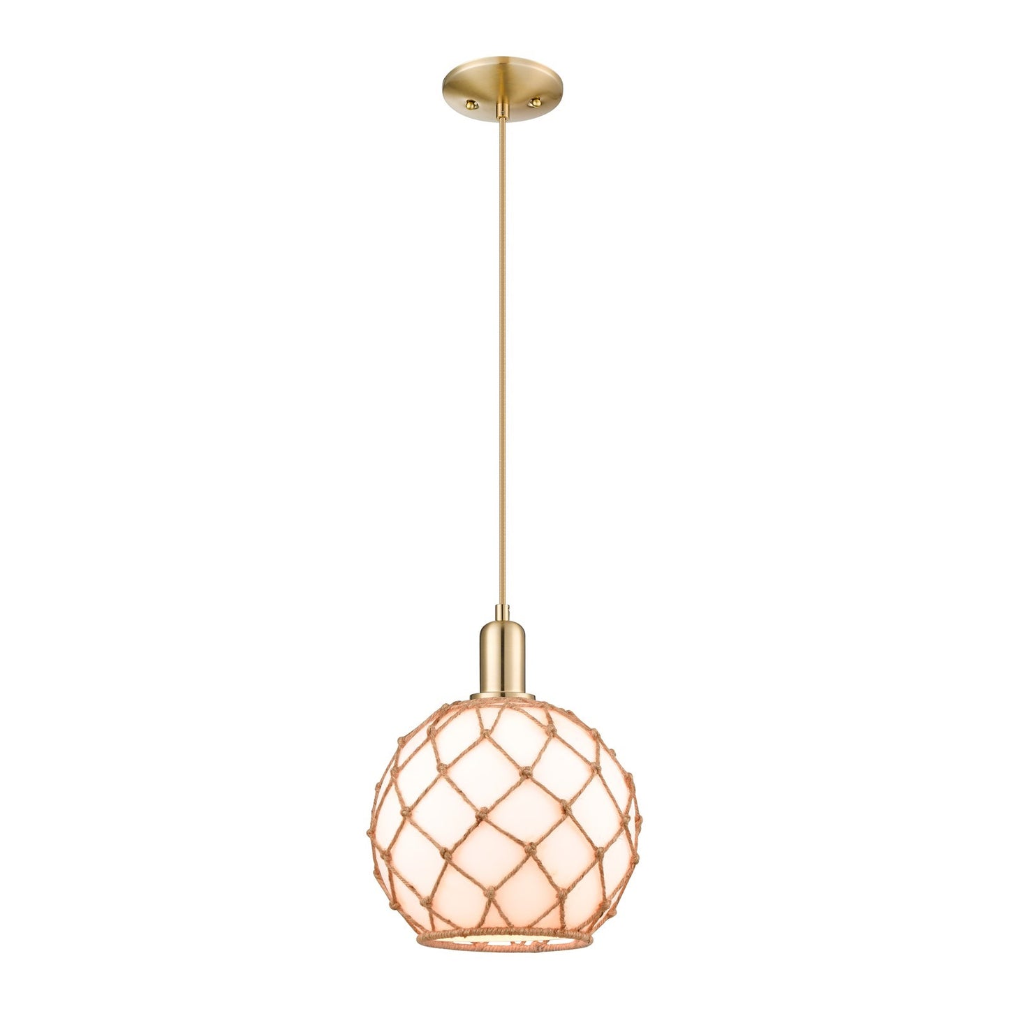 Innovations Farmhouse Rope 10in 1-Light Mini Pendant | Industrial Champagne Bronze Steel and Matte White Glass with Brown Rope | Model 716-1P-CB-G121-10RB