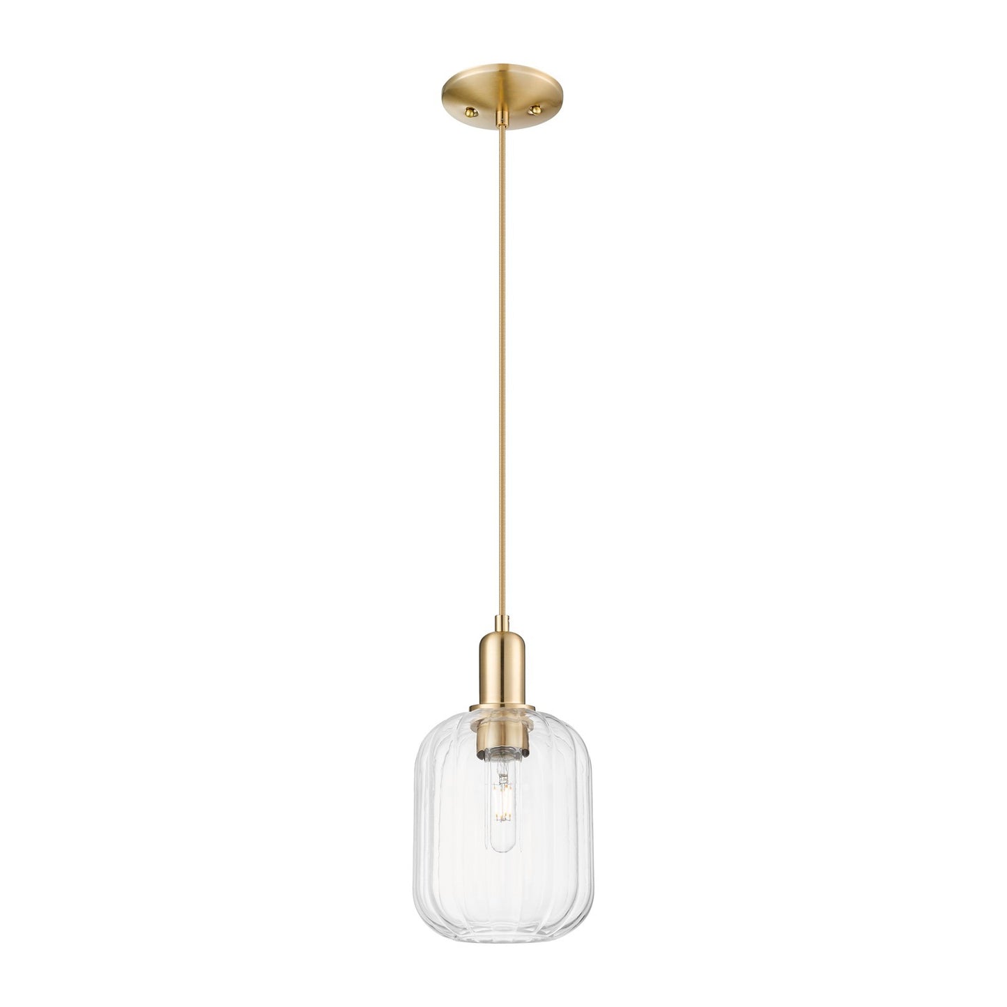 Innovations Preston Cylinder 6.75in 1-Light Mini Pendant | Industrial Champagne Bronze Steel and Clear Glass | Kitchen Island & | Model 716-1P-CB-G460-7CL