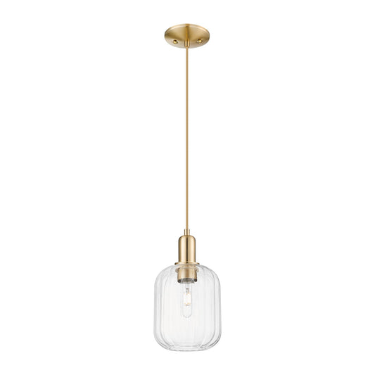 Innovations Preston Cylinder 6.75in 1-Light Mini Pendant | Industrial Champagne Bronze Steel and Clear Glass | Kitchen Island & | Model 716-1P-CB-G460-7CL