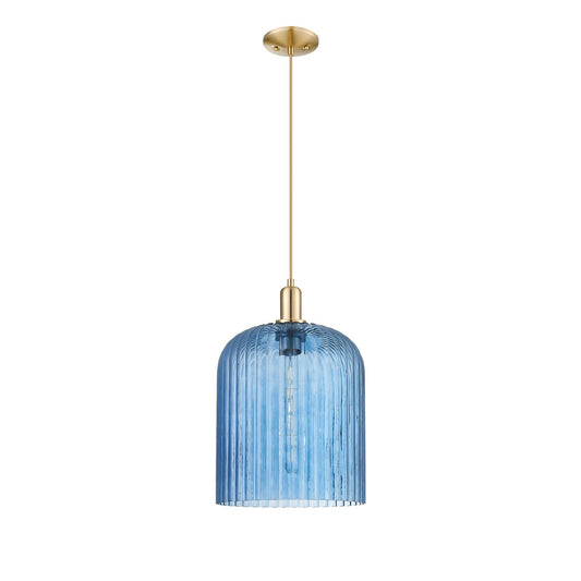 Innovations Bridal Veil 12in 1-Light Mini Pendant | Industrial Champagne Bronze Steel and Blue Ribbed Glass | Kitchen Island & | Model 716-1P-CB-G559-12BL