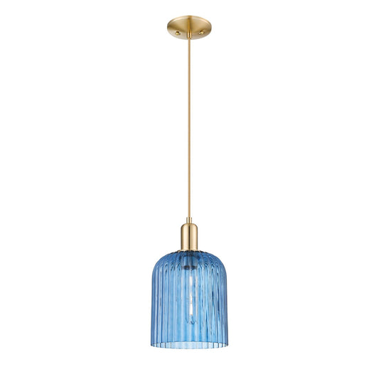 Innovations Bridal Veil 8in 1-Light Mini Pendant | Industrial Champagne Bronze Steel and Princess Blue Ribbed Glass | Kitchen | Model 716-1P-CB-G559-8BL