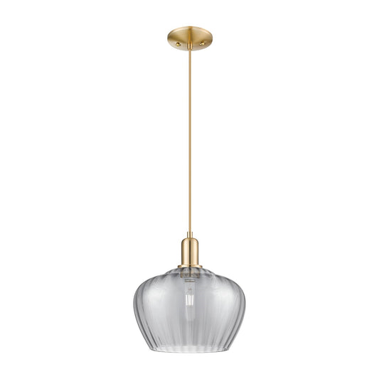 Innovations Fenton 11in 1-Light Mini Pendant | Industrial Champagne Bronze Steel and Light Smoke Ribbed Glass | Kitchen Island & | Model 716-1P-CB-G93-L