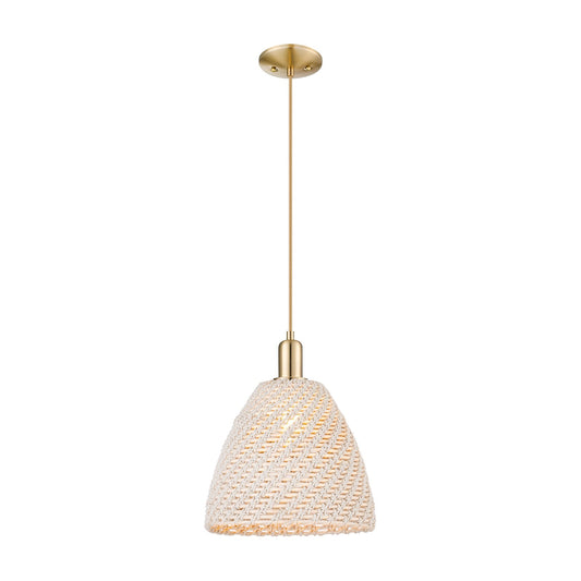 Innovations Bristol Natural 12in 1-Light Mini Pendant | Farmhouse Champagne Bronze Steel and Natural Fiber Dome Shade | Model 716-1P-CB-NBD-12-NAT