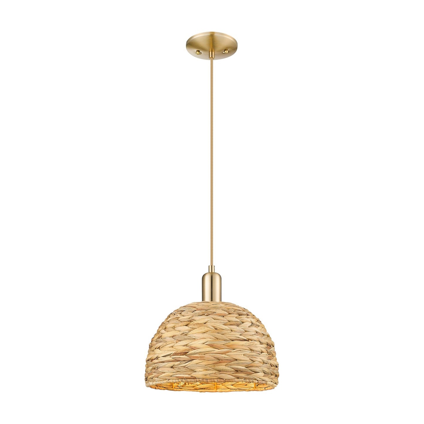 Innovations Arcadia 12in 1-Light Mini Pendant | Industrial Champagne Bronze Steel and Natural Rattan Dome Shade | Kitchen | Model 716-1P-CB-RBD-12-NAT